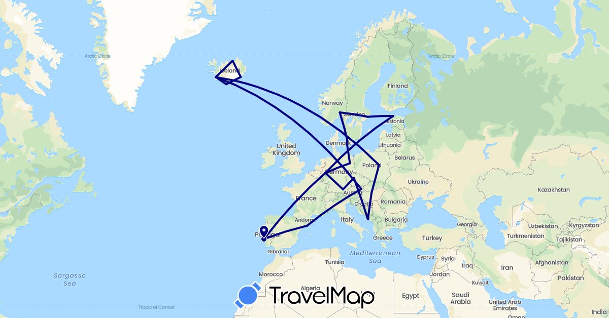 TravelMap itinerary: driving in Austria, Czech Republic, Germany, Denmark, Estonia, Spain, Croatia, Hungary, Iceland, Norway, Poland, Portugal, Sweden (Europe)